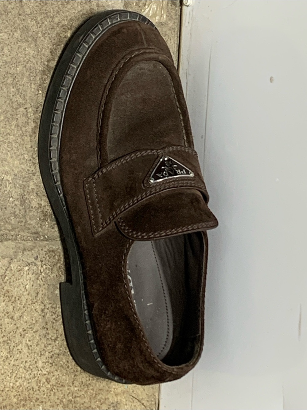 One PRADA Men's Brown Suede Penny Loafers - Classic Slip-On Dress Shoe